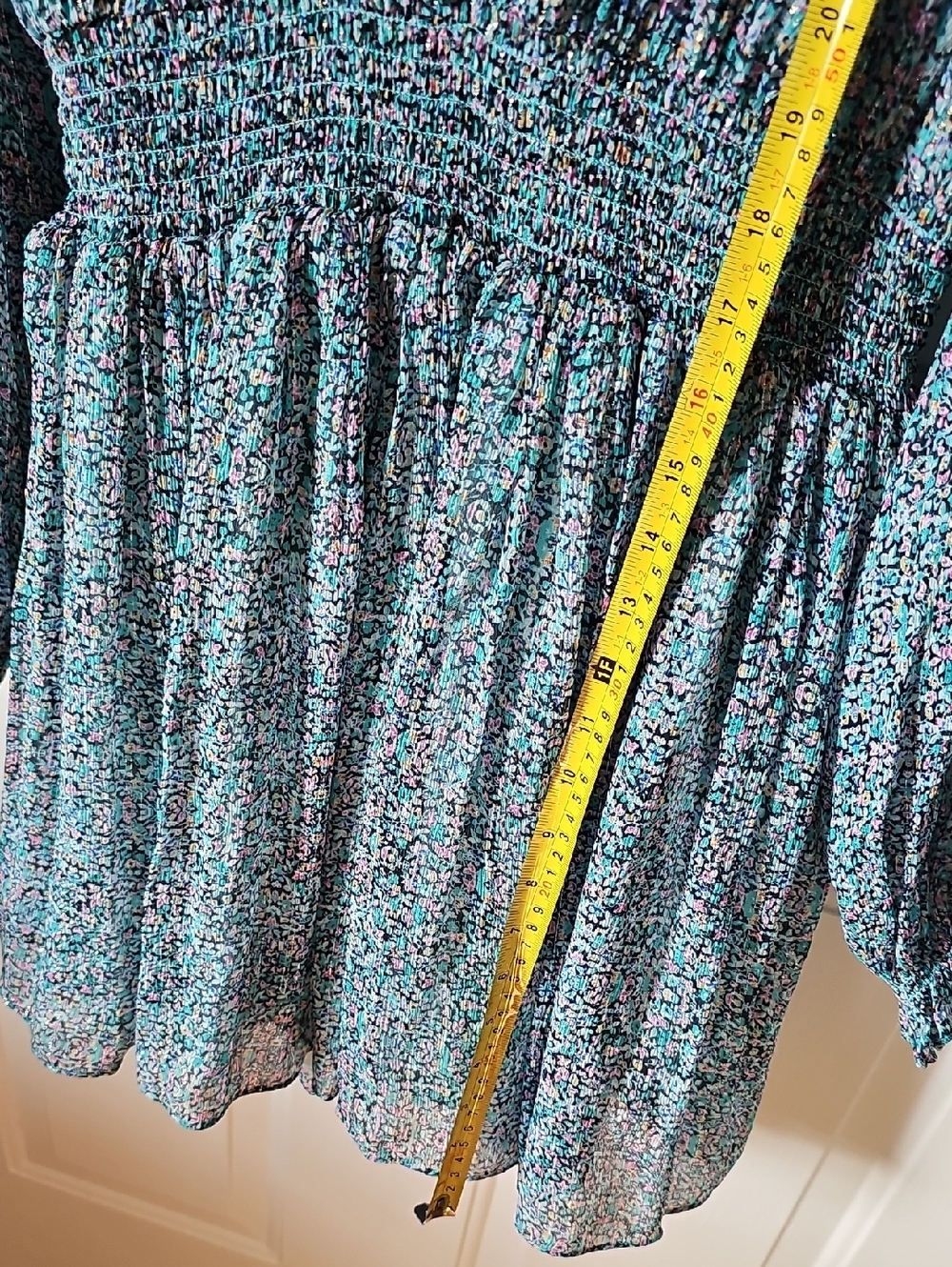 7 For All Mankind - Short Teal Floral Long Sleeve Midi Dress - Picture 8 of 8